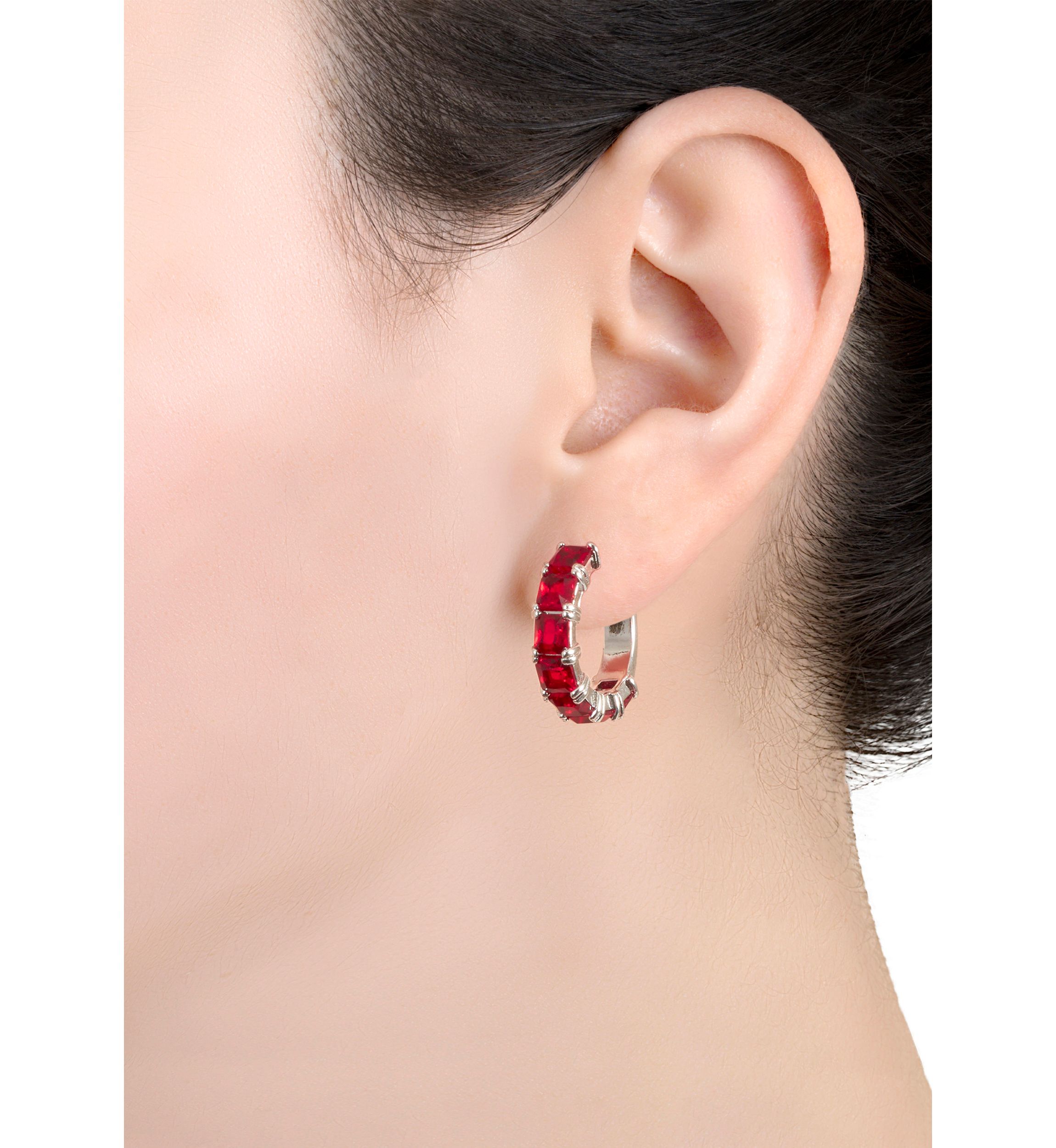 Silver Plated Square Crystal Post Hoop Earrings