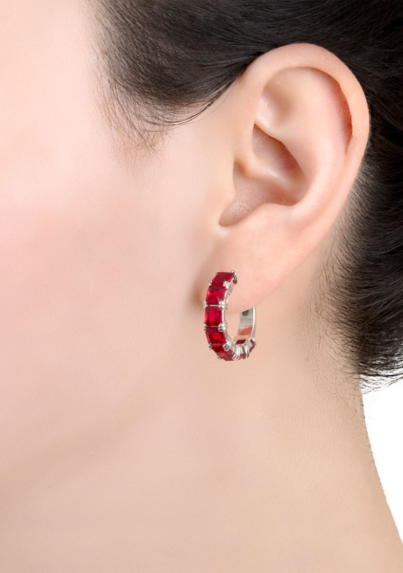 Silver Plated Square Crystal Post Hoop Earrings