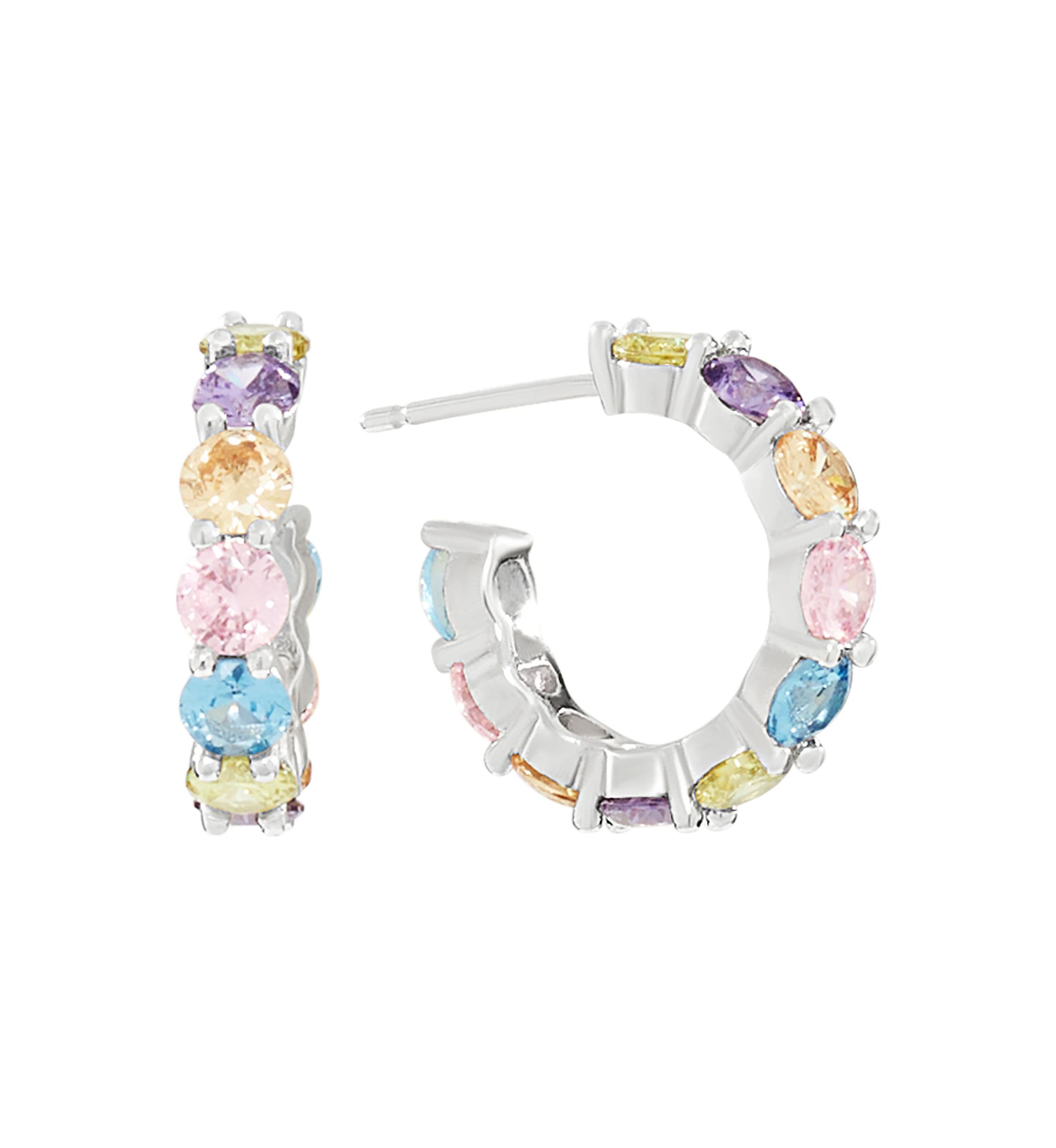 Silver Plated Multi Color Cubic Zirconia Post Hoop Earrings