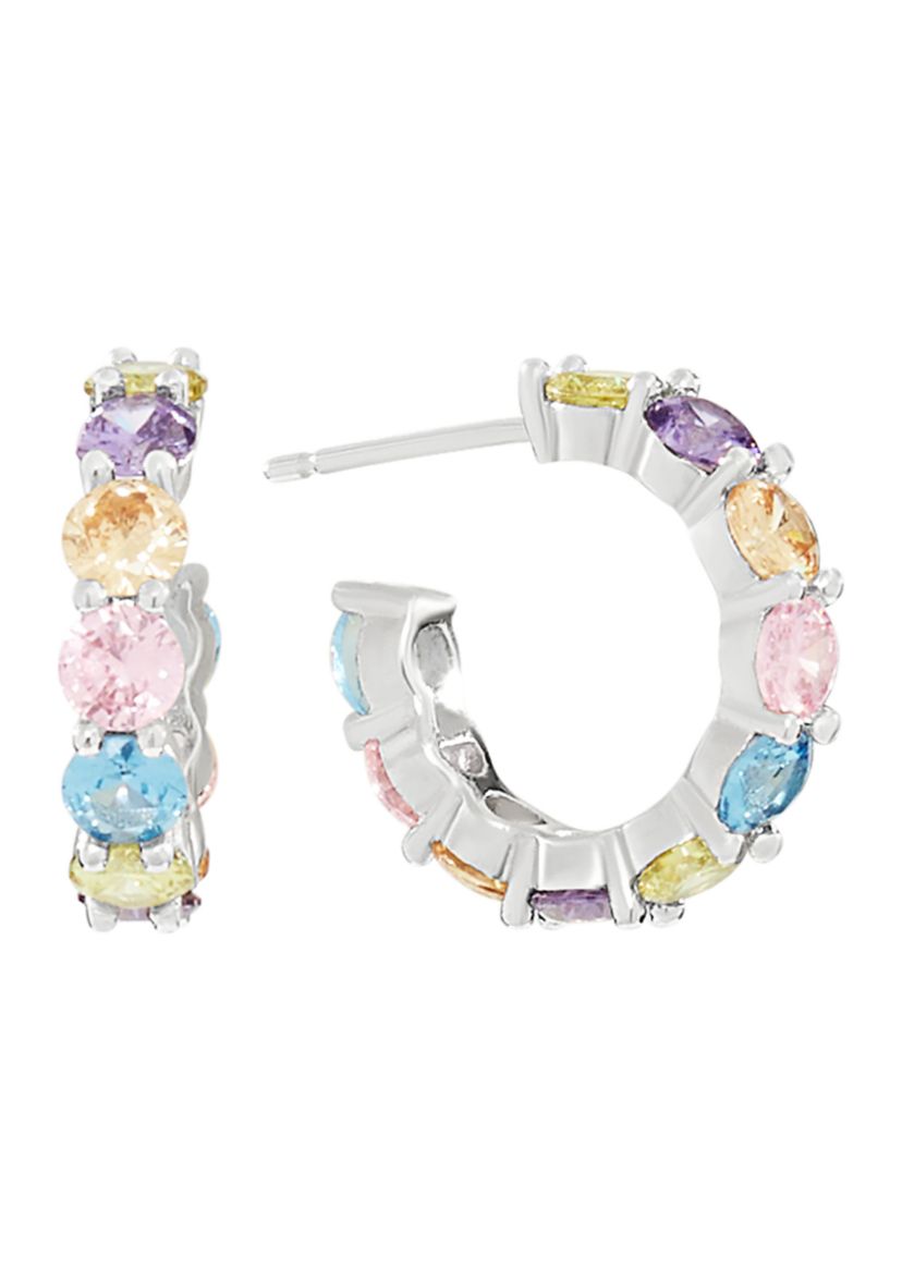 Silver Plated Multi Color Cubic Zirconia Post Hoop Earrings