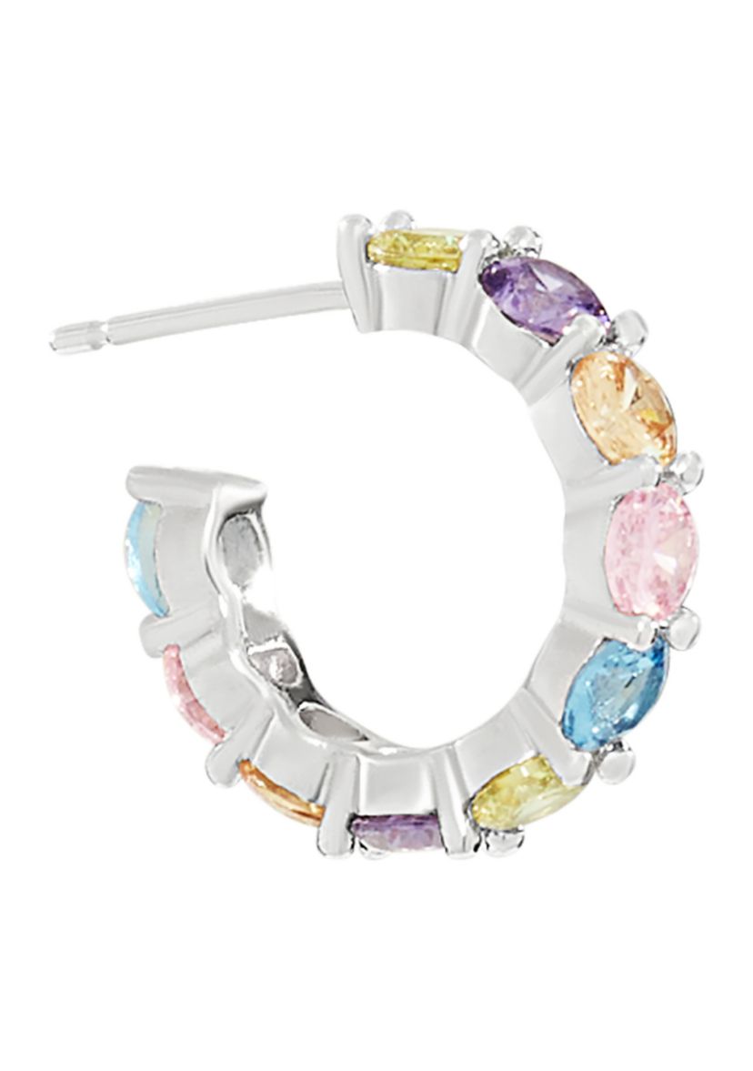Silver Plated Multi Color Cubic Zirconia Post Hoop Earrings