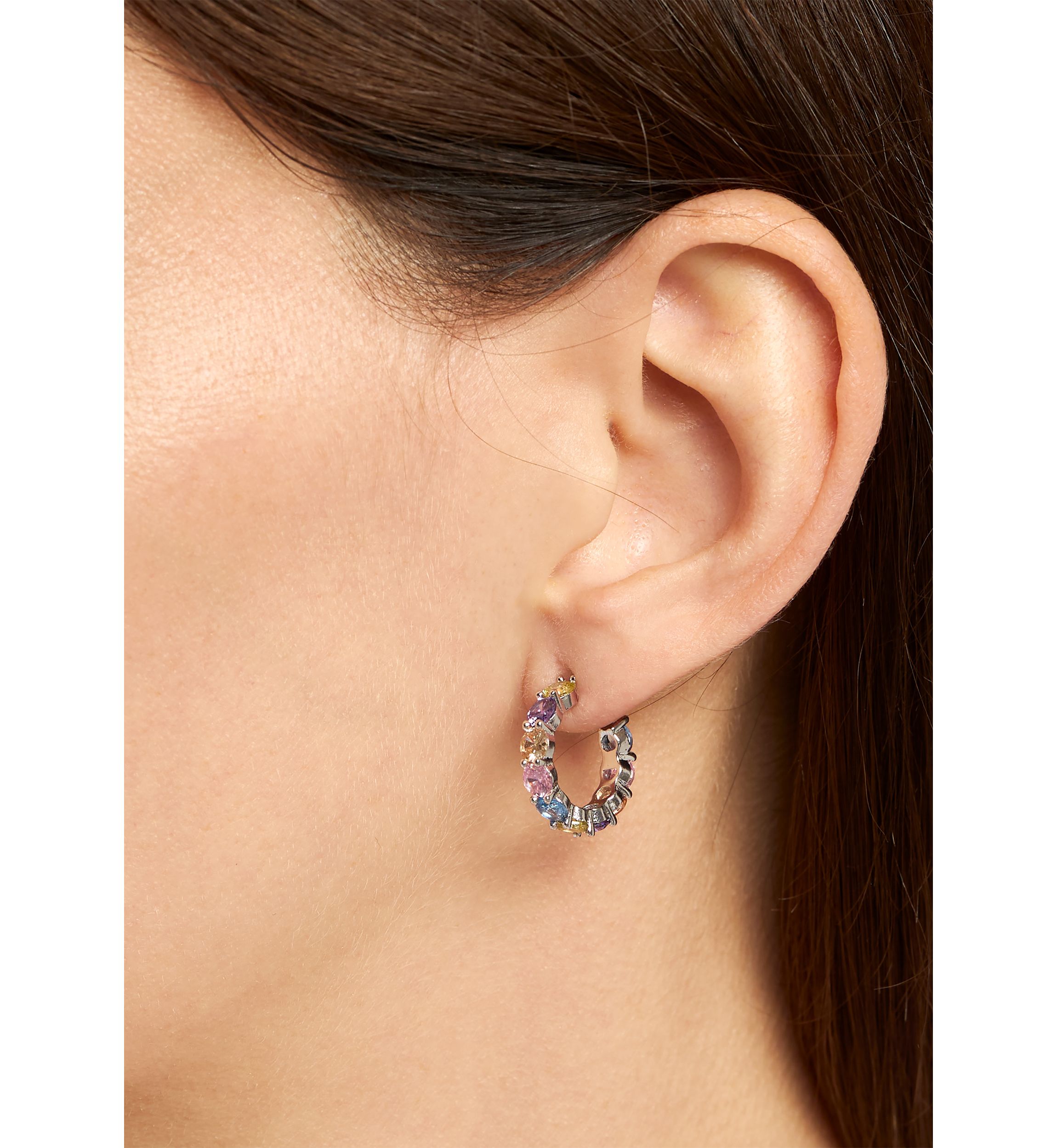 Silver Plated Multi Color Cubic Zirconia Post Hoop Earrings