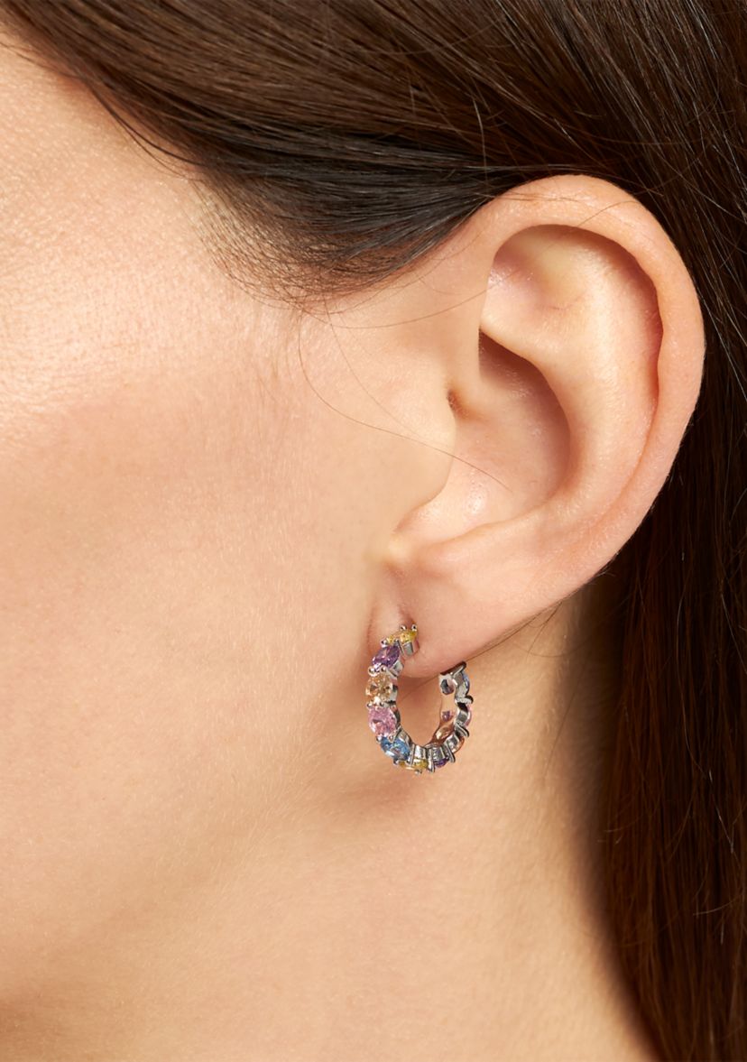 Silver Plated Multi Color Cubic Zirconia Post Hoop Earrings