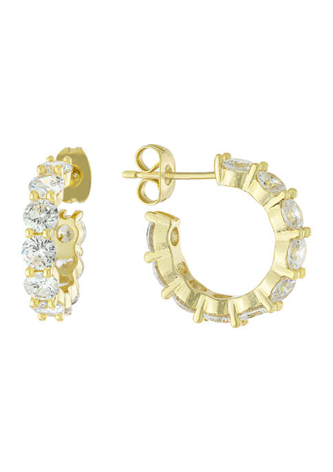 Gold Over Fine Silver Plated 0.69 Inch Round Cubic Zirconia Post Hoop Earrings