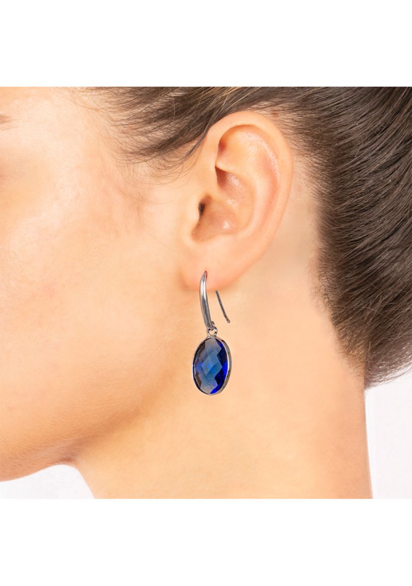 Silver Plated Blue Crystal Oval Faceted Drop Earrings