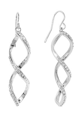 Silver Plated Crystal Accented Spiral Drop Earrings