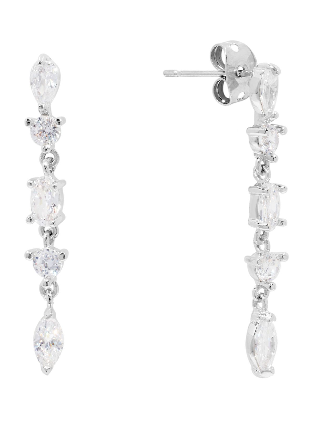 Silver Plated Cubic Zirconia Round and Marquise Post Drop Earrings