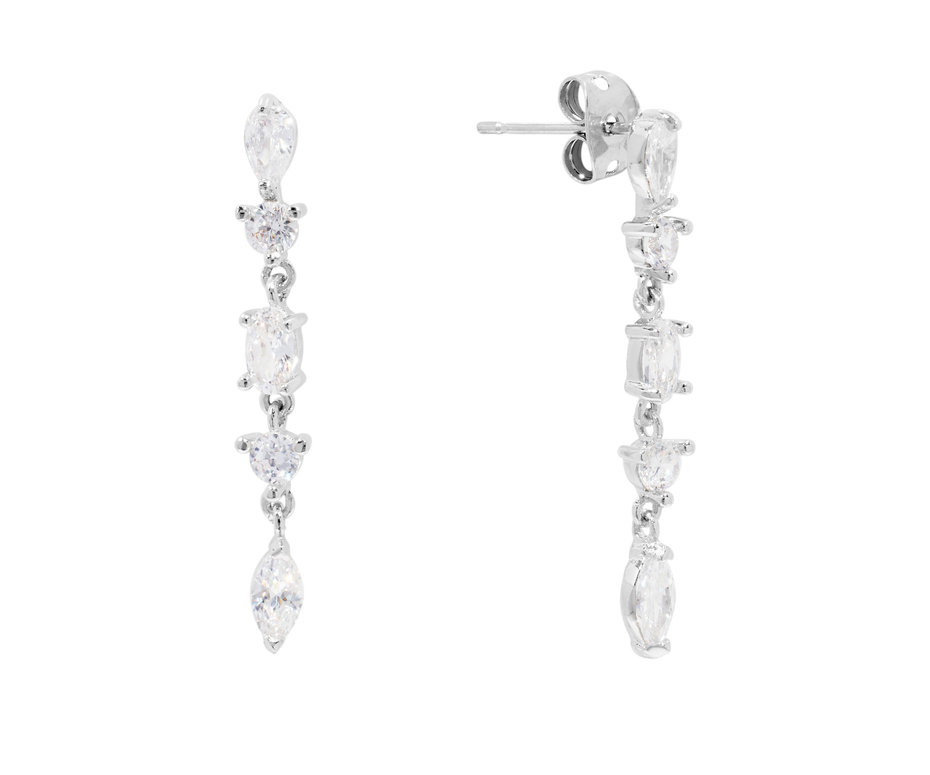 Silver Plated Cubic Zirconia Round and Marquise Post Drop Earrings
