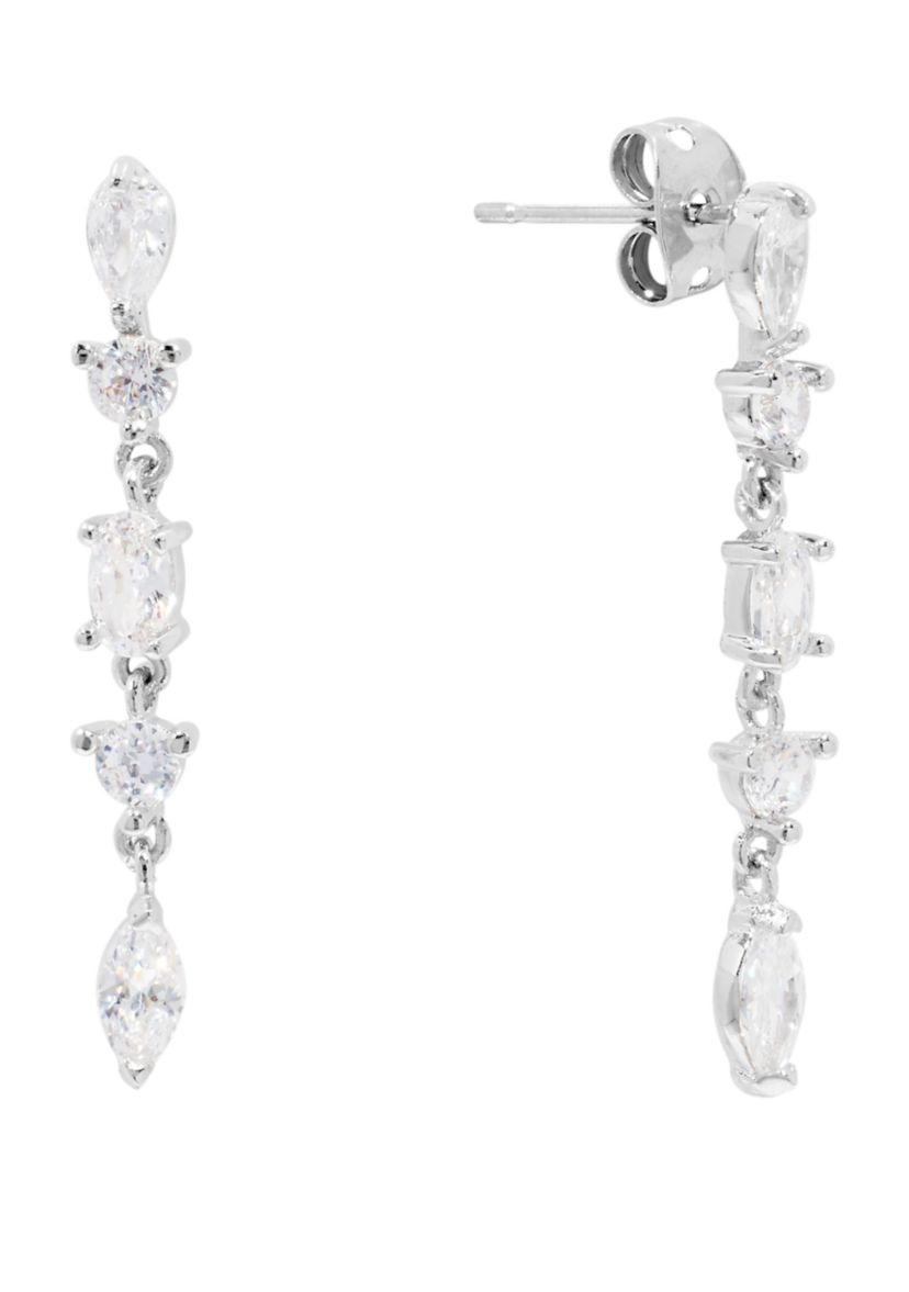 Silver Plated Cubic Zirconia Round and Marquise Post Drop Earrings