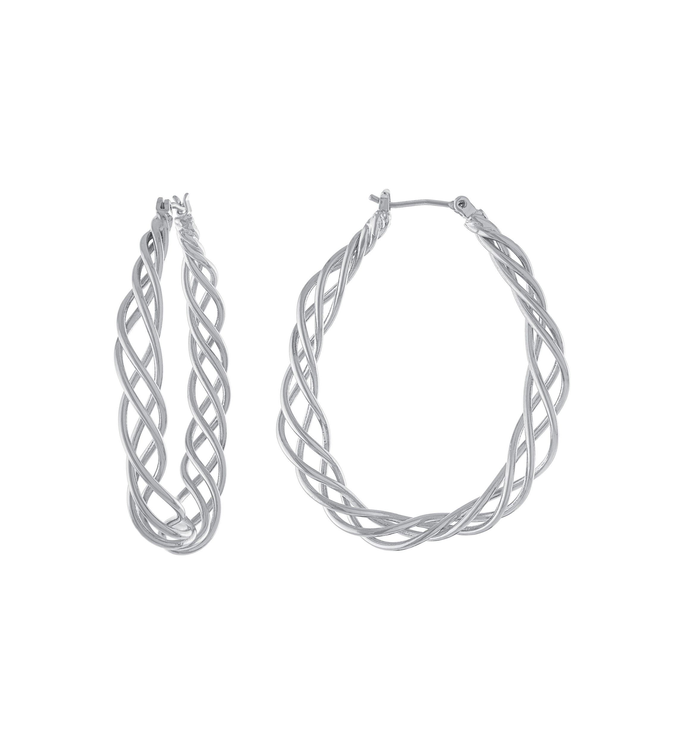 Silver Plated 1.83" Twisted Oval Wire Click Top Hoop Earrings
