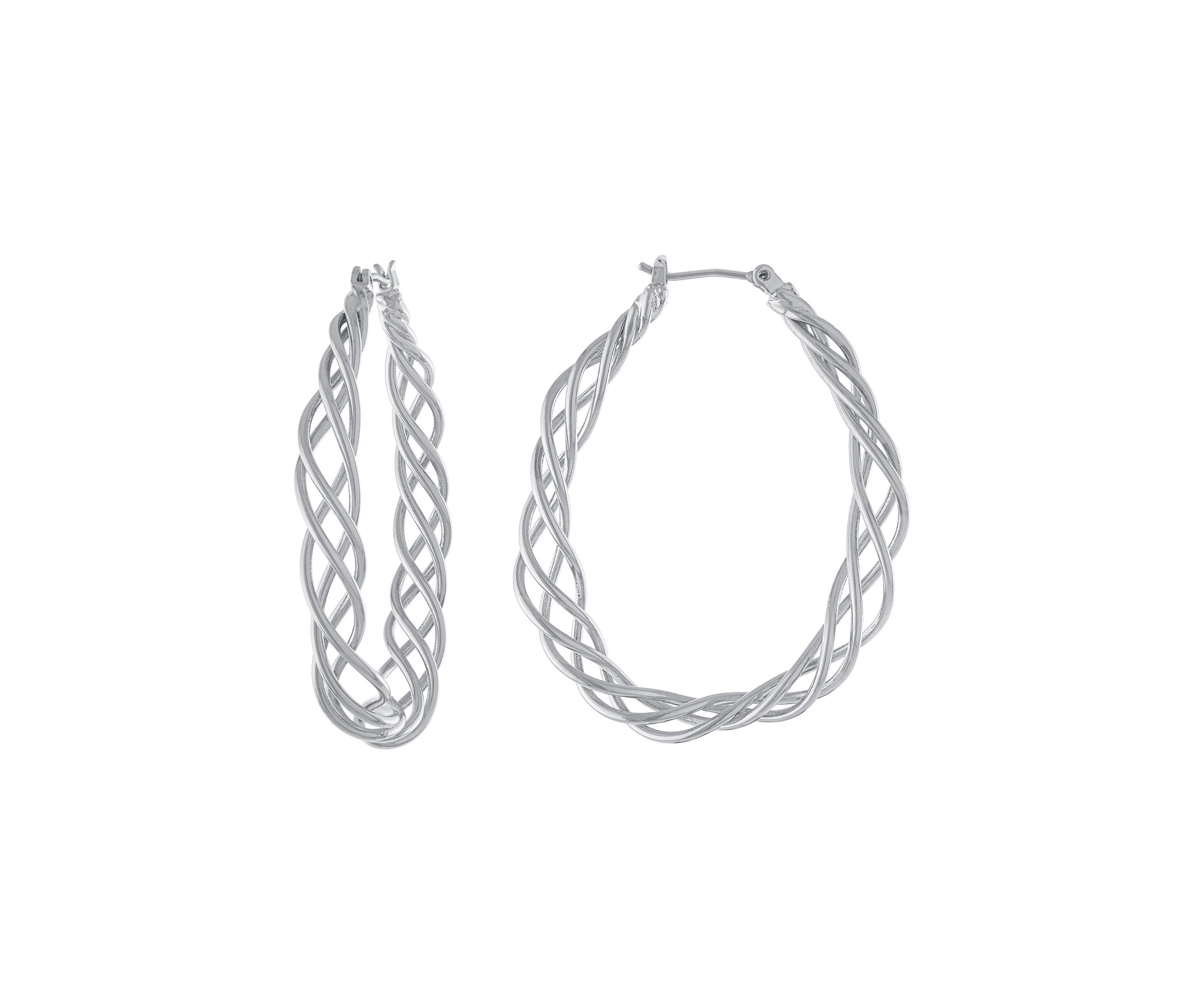 Silver Plated 1.83" Twisted Oval Wire Click Top Hoop Earrings