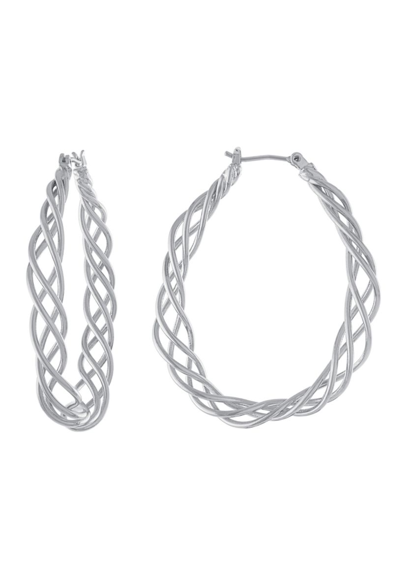 Silver Plated 1.83" Twisted Oval Wire Click Top Hoop Earrings