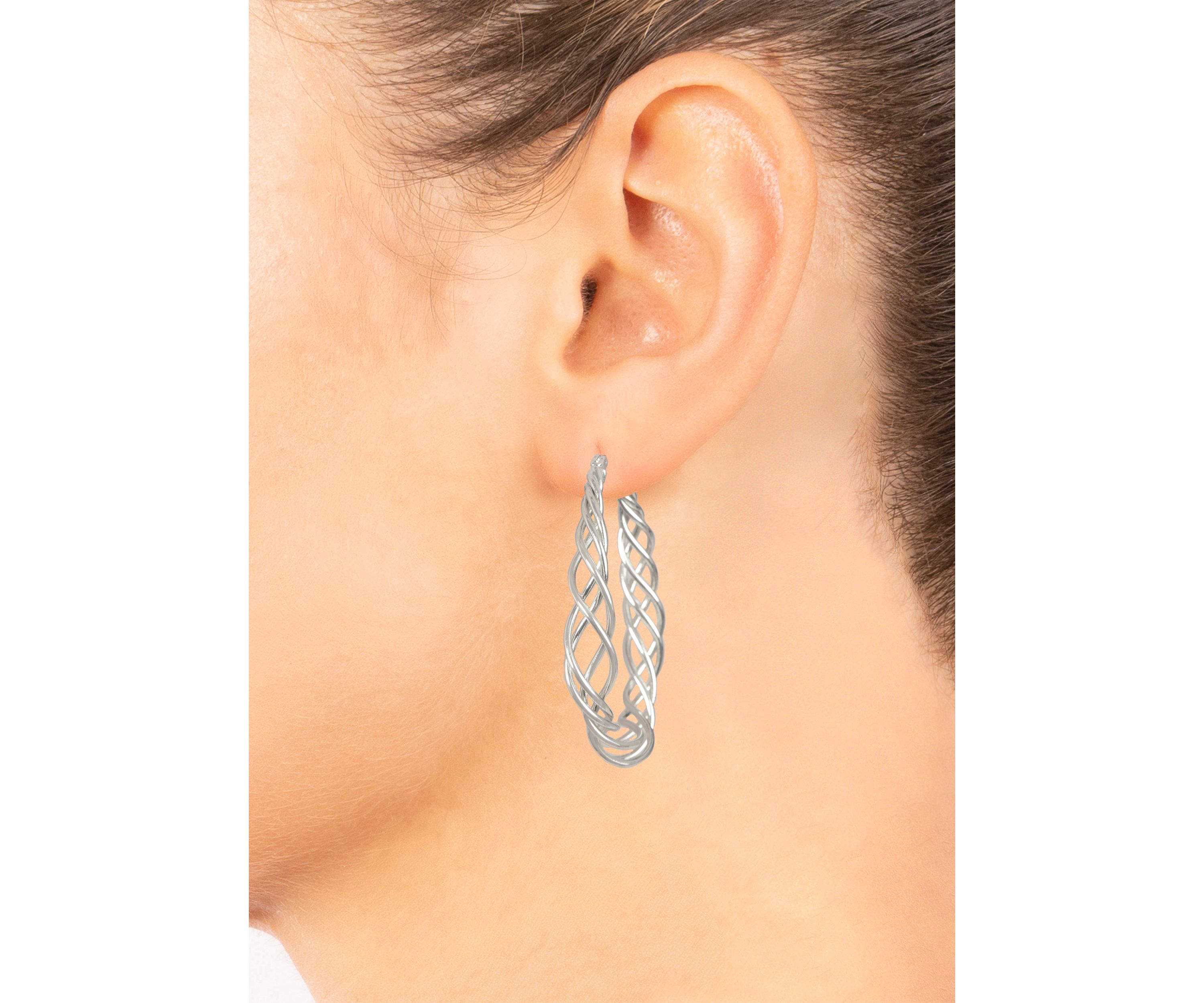 Silver Plated 1.83" Twisted Oval Wire Click Top Hoop Earrings