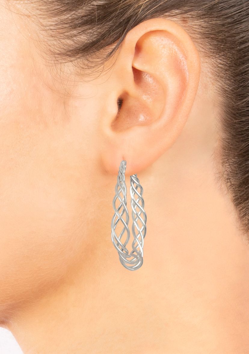 Silver Plated 1.83" Twisted Oval Wire Click Top Hoop Earrings