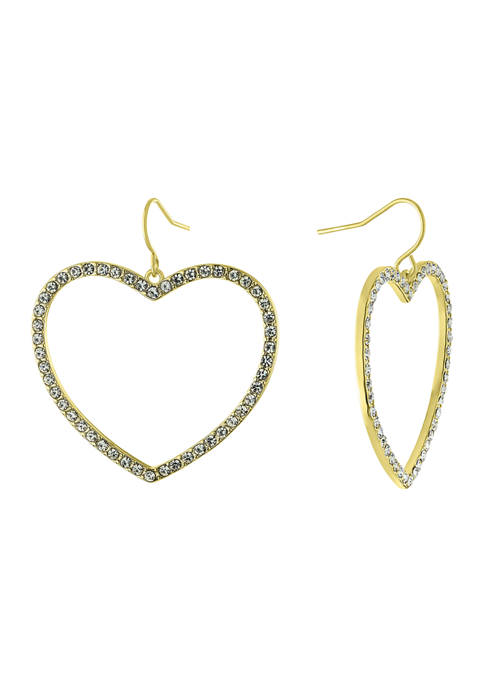 Gold Over Fine Silver Plated 1.73" Open Heart Crystal Pave Drop Earrings