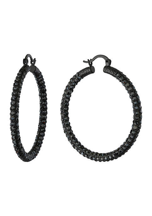 Black Ruthenium Over Fine Silver Plate Allover Crystal Hoops