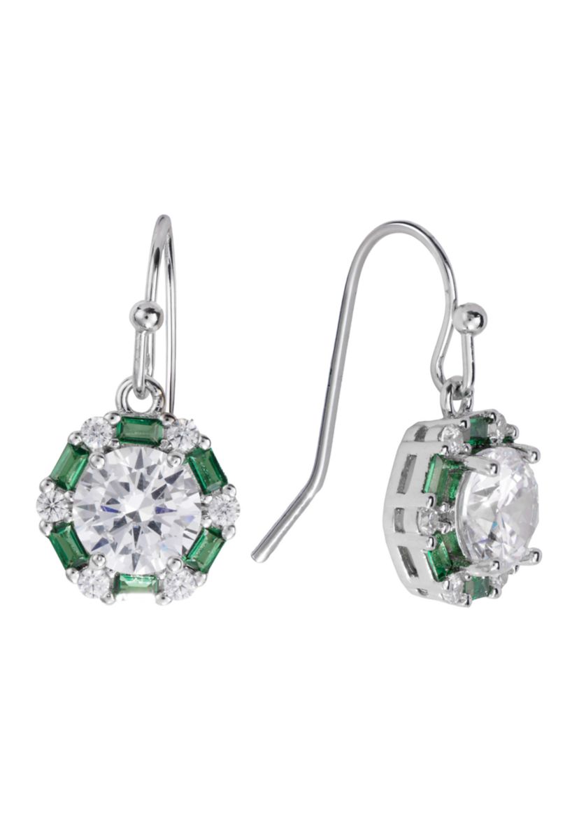 Cubic Zirconia Baguette Halo Drop Earrings