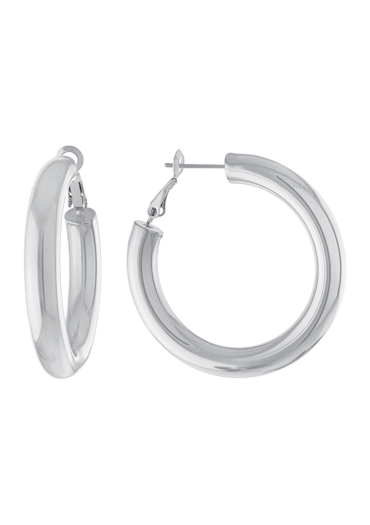 1.4" Silver Plated Round Clutchless Hoop Earrings