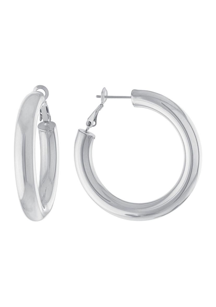 1.4" Silver Plated Round Clutchless Hoop Earrings