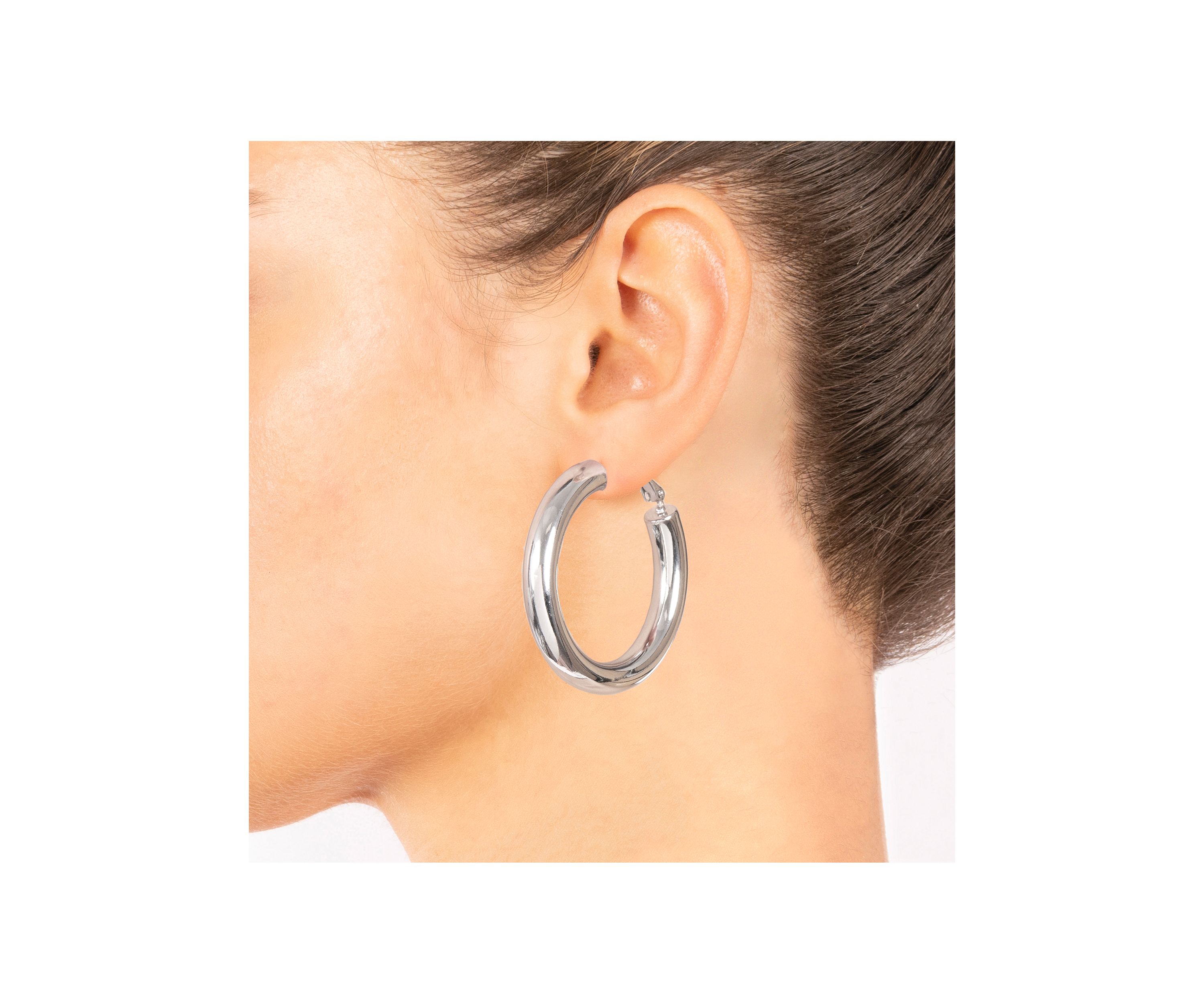 1.4" Silver Plated Round Clutchless Hoop Earrings