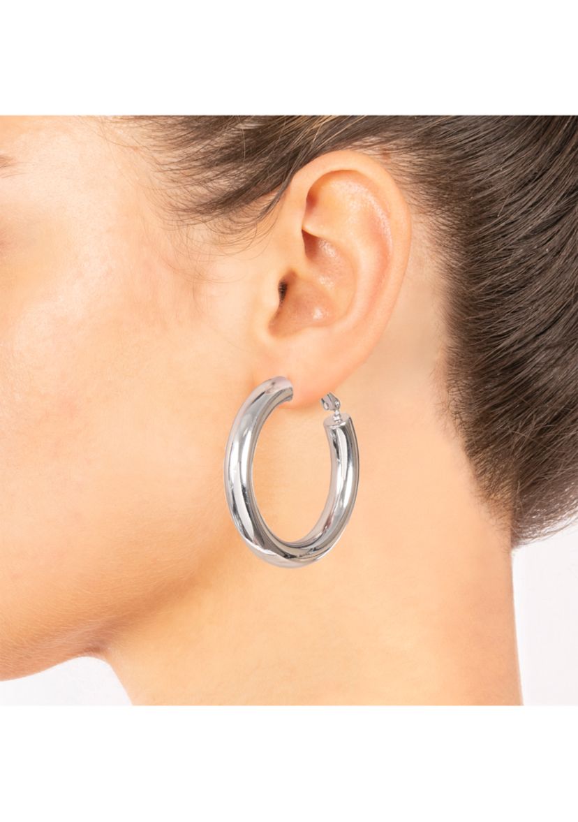 1.4" Silver Plated Round Clutchless Hoop Earrings