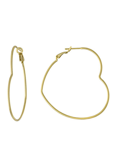 Gold Over Fine Silver Plated 1.7 Inch Heart Shaped Clutchless Hoop Earrings