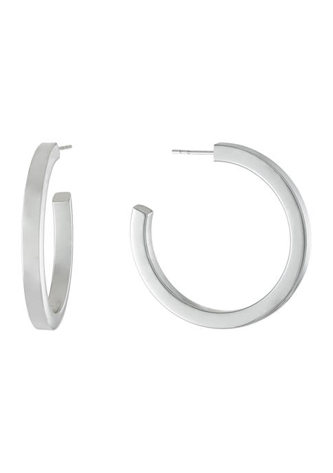 1.46 Inch High Polished Post Hoop Earrings in Silver Toned Metal