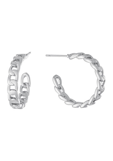 Fine Silver Plated 0.95 Inch Chain Link Post Hoop Earrings