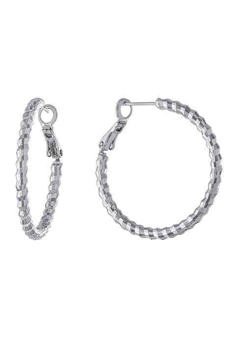 1.33 Inch Diamond Cut Clutchless Hoop Earrings in Silver Toned Metal