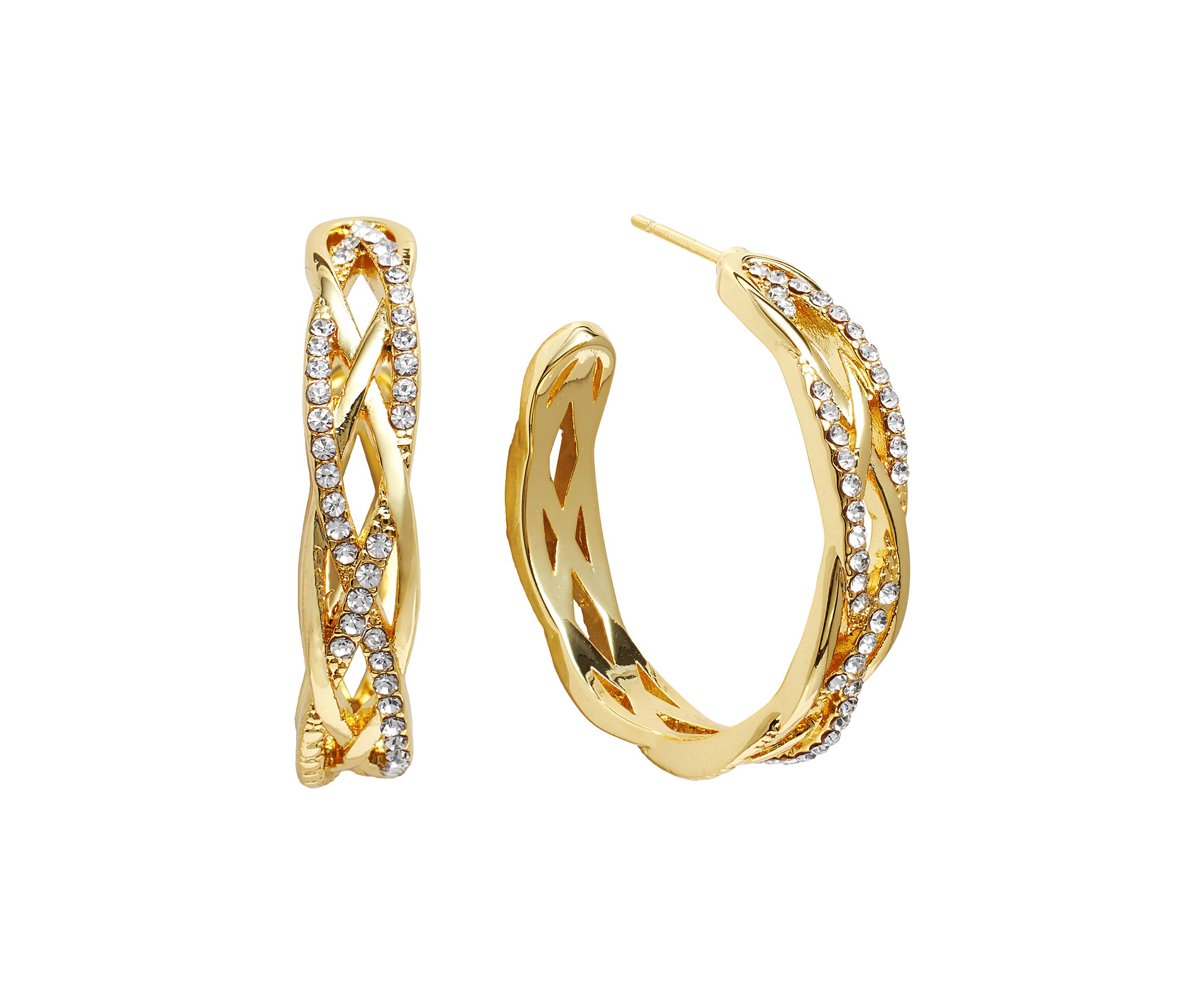 Gold Plated 1.15" Round Crystal Pavé Crossover Hoop Earrings