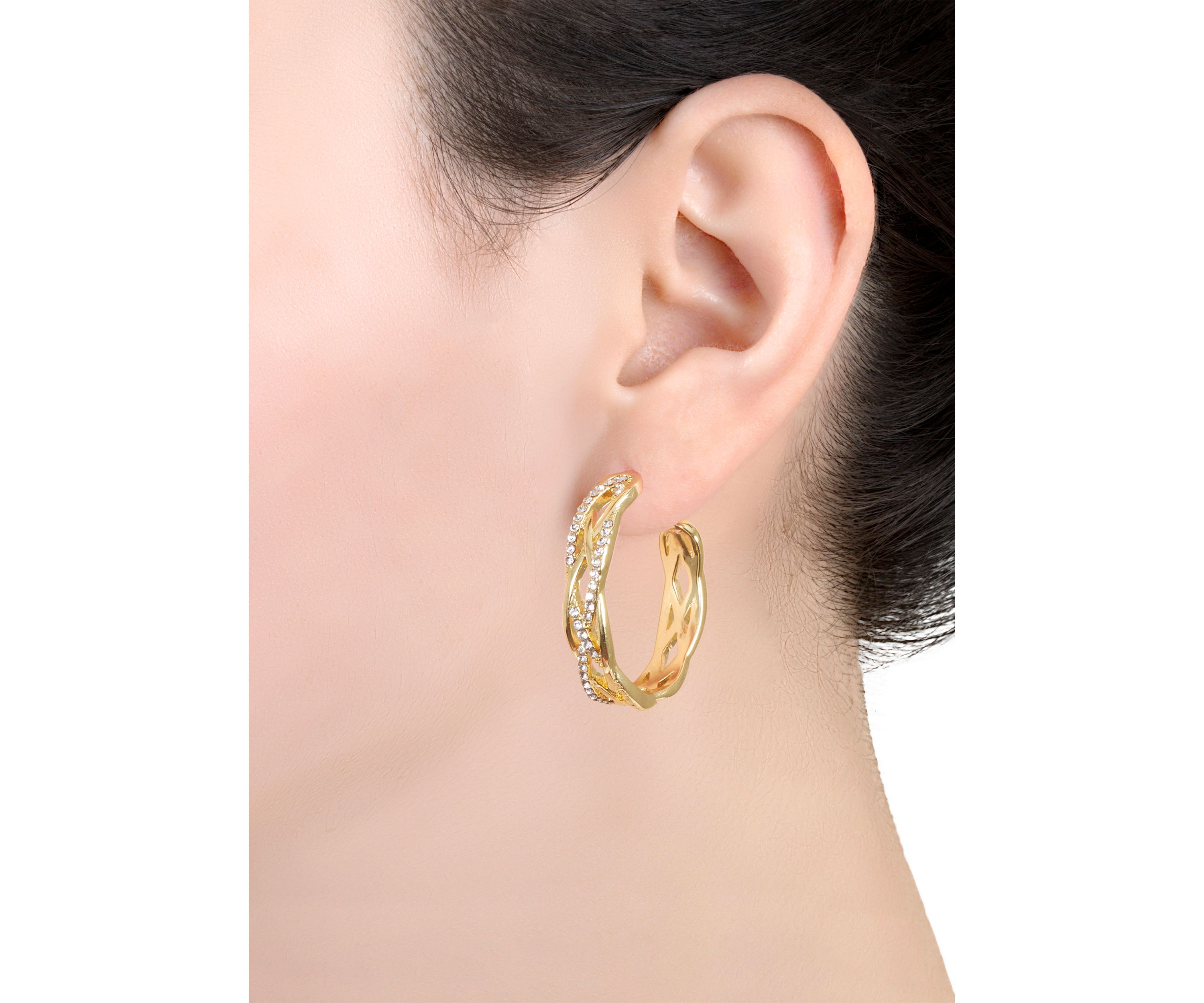 Gold Plated 1.15" Round Crystal Pavé Crossover Hoop Earrings