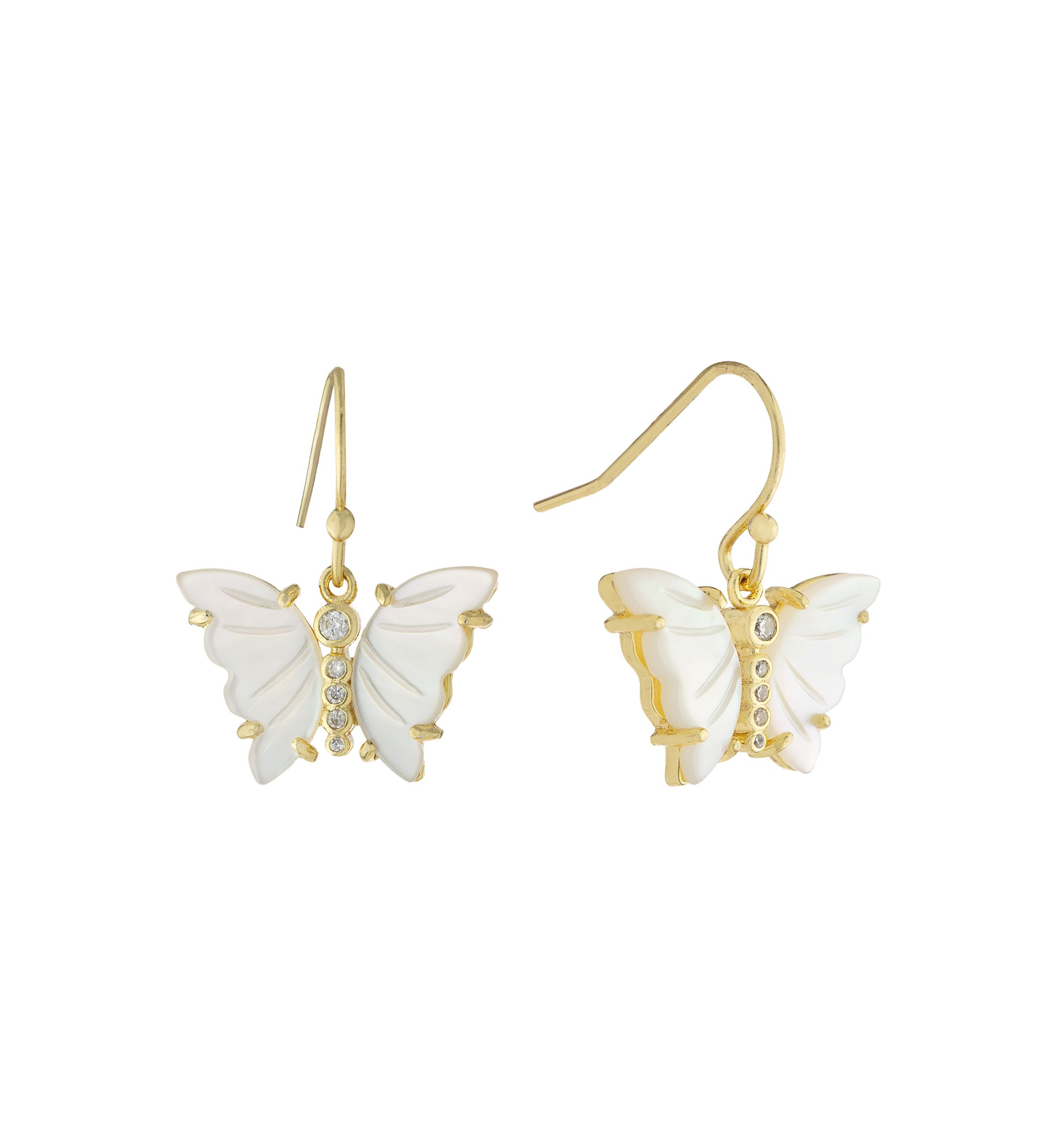 Gold Over Silver Plated Mother of Pearl and Cubic Zirconia Butterfly Drop Earrings