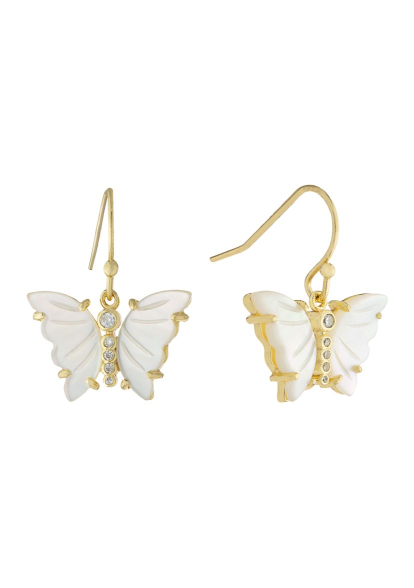Gold Over Silver Plated Mother of Pearl and Cubic Zirconia Butterfly Drop Earrings