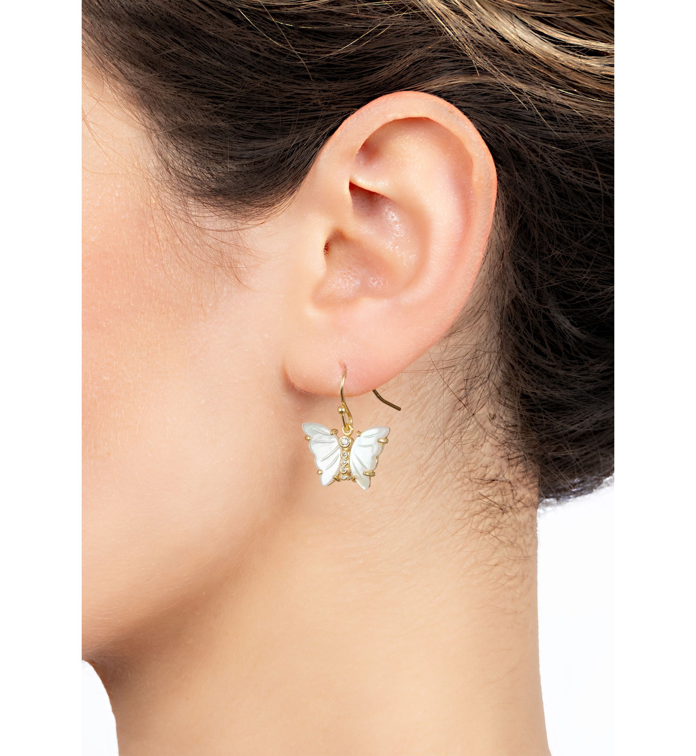 Gold Over Silver Plated Mother of Pearl and Cubic Zirconia Butterfly Drop Earrings
