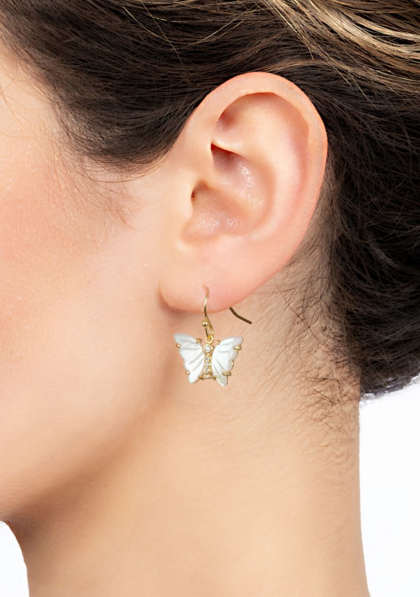 Gold Over Silver Plated Mother of Pearl and Cubic Zirconia Butterfly Drop Earrings