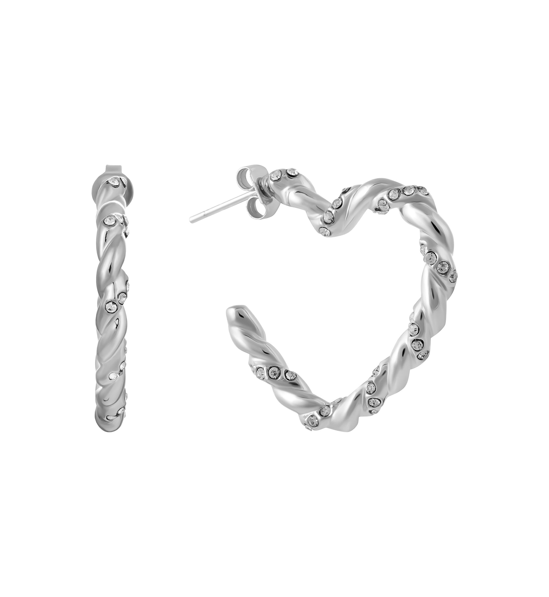 Fine Silver Plated 1.05" Crystal Twisted Heart Post Hoop Earrings