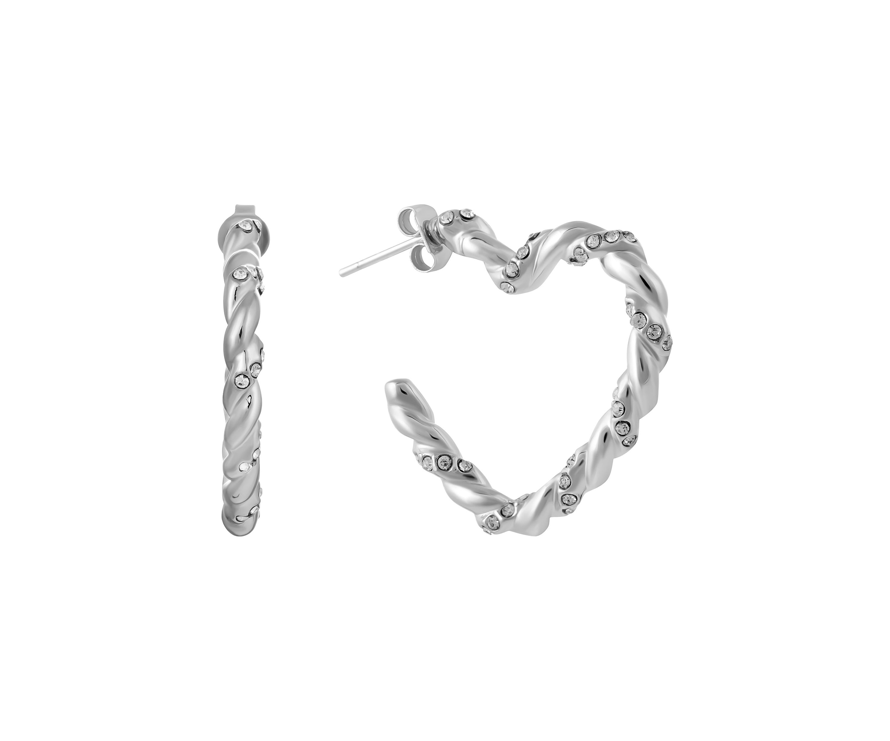 Fine Silver Plated 1.05" Crystal Twisted Heart Post Hoop Earrings