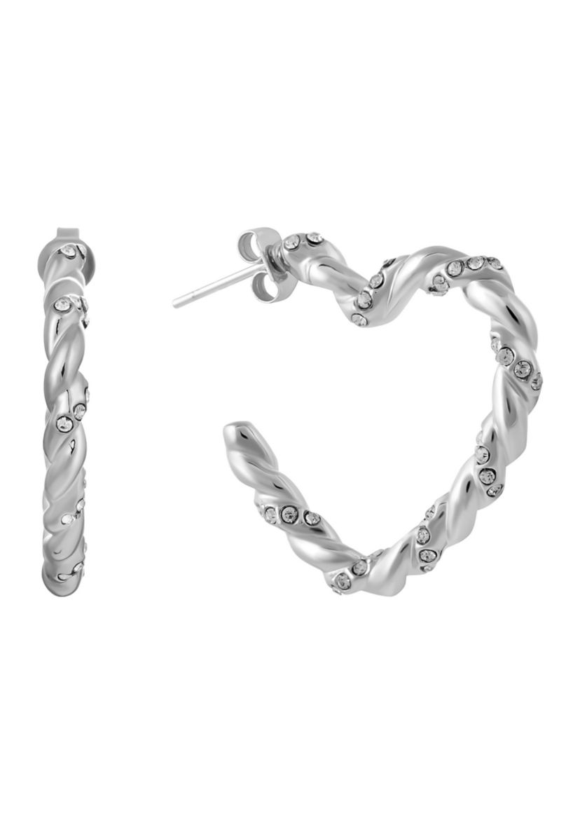 Fine Silver Plated 1.05" Crystal Twisted Heart Post Hoop Earrings