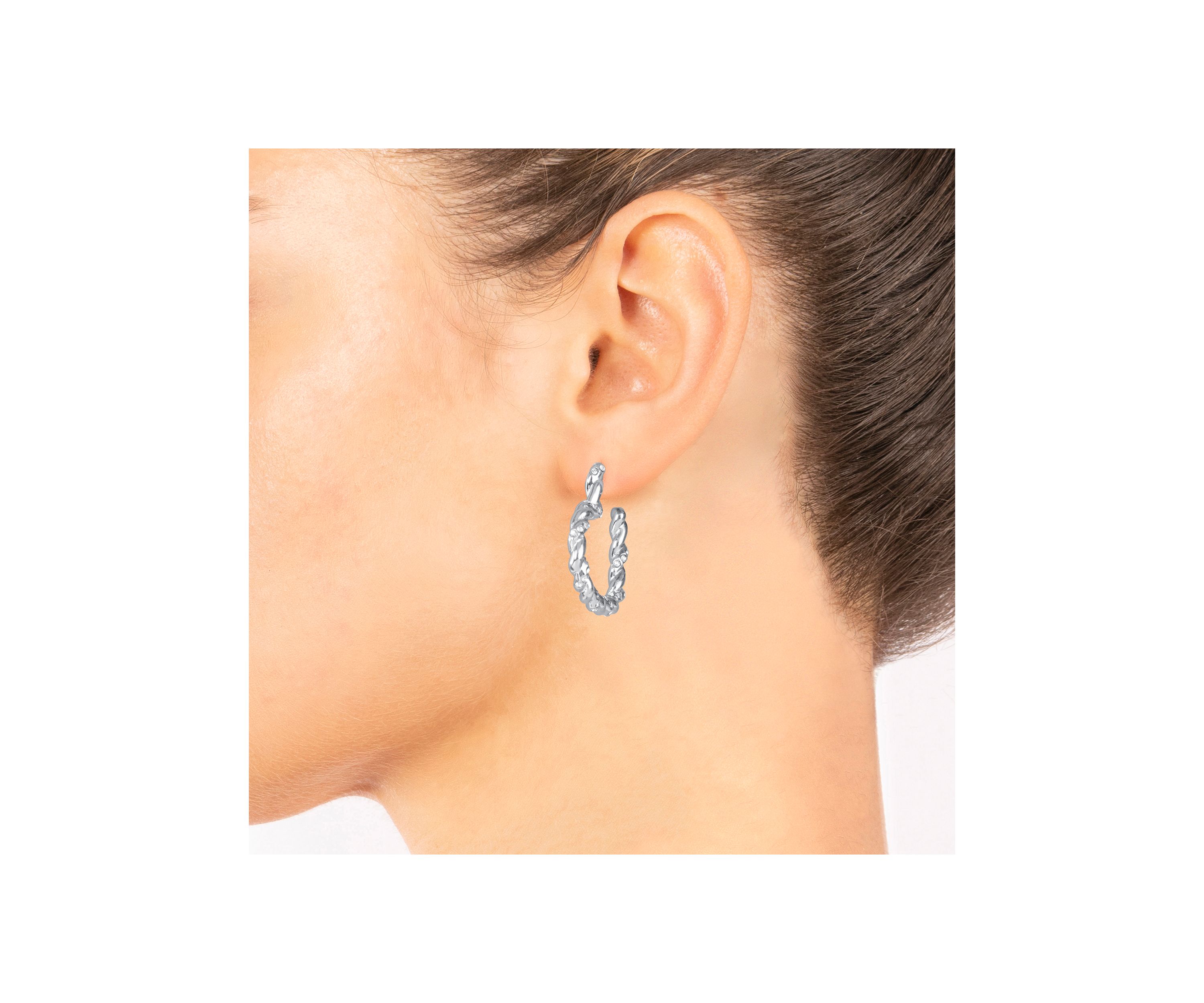 Fine Silver Plated 1.05" Crystal Twisted Heart Post Hoop Earrings