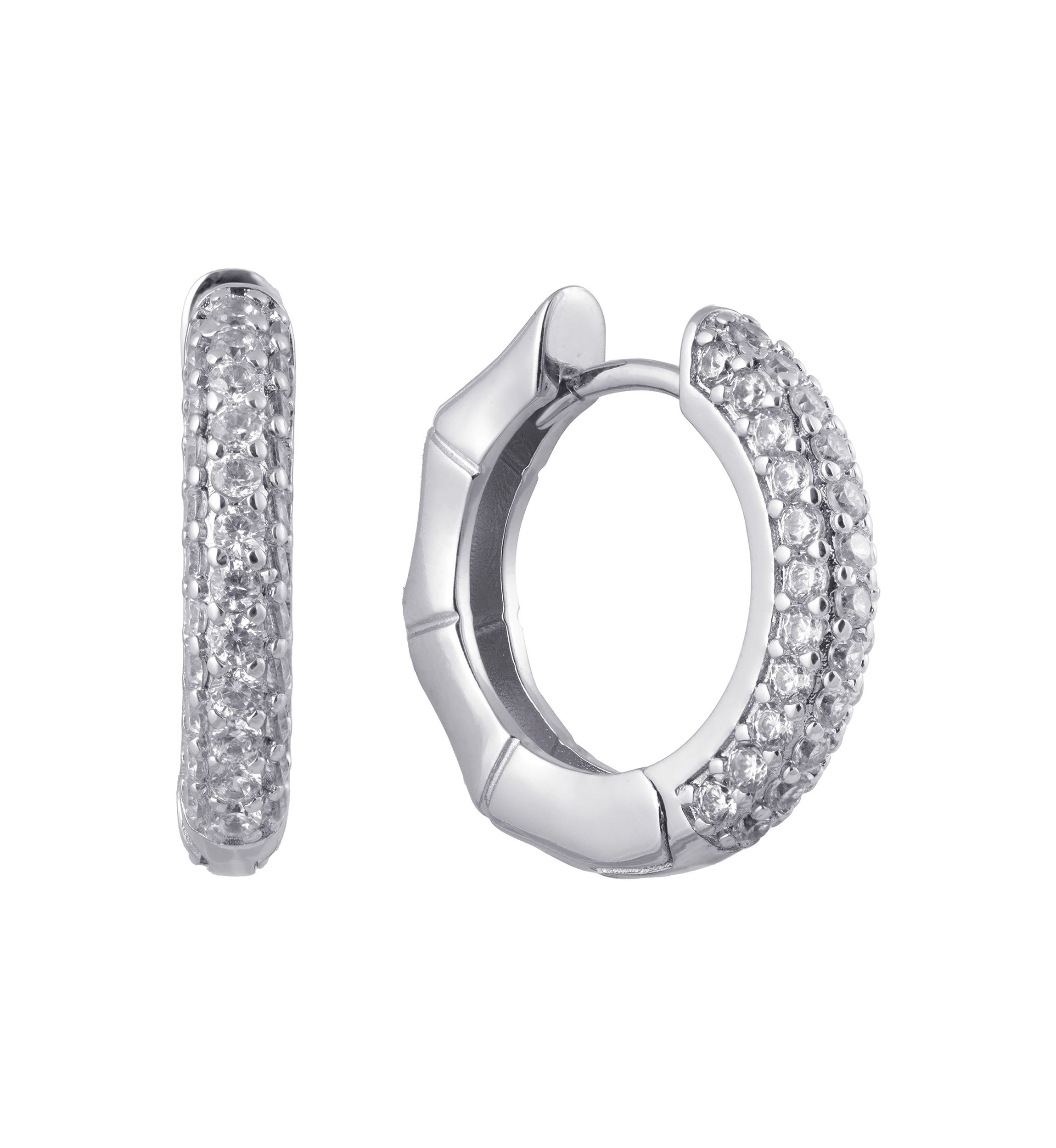 Fine Silver Plated .75" Cubic Zirconia Pavé Bamboo Hoop Earrings