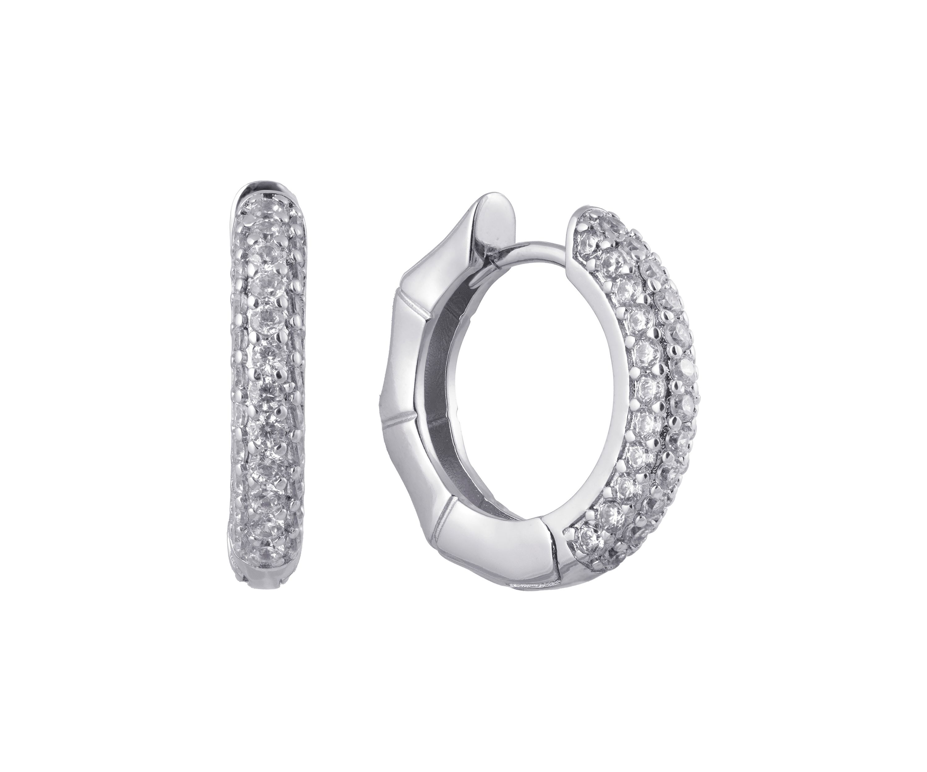 Fine Silver Plated .75" Cubic Zirconia Pavé Bamboo Hoop Earrings