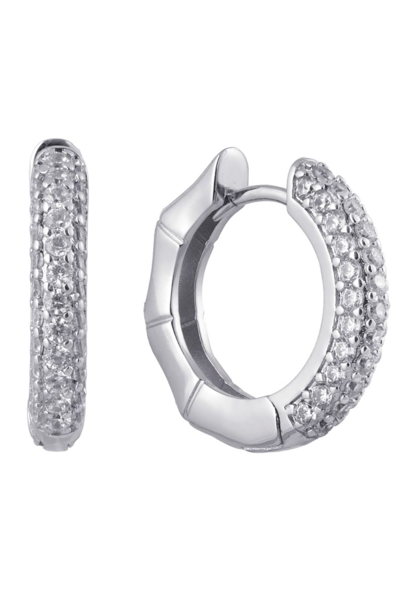 Fine Silver Plated .75" Cubic Zirconia Pavé Bamboo Hoop Earrings