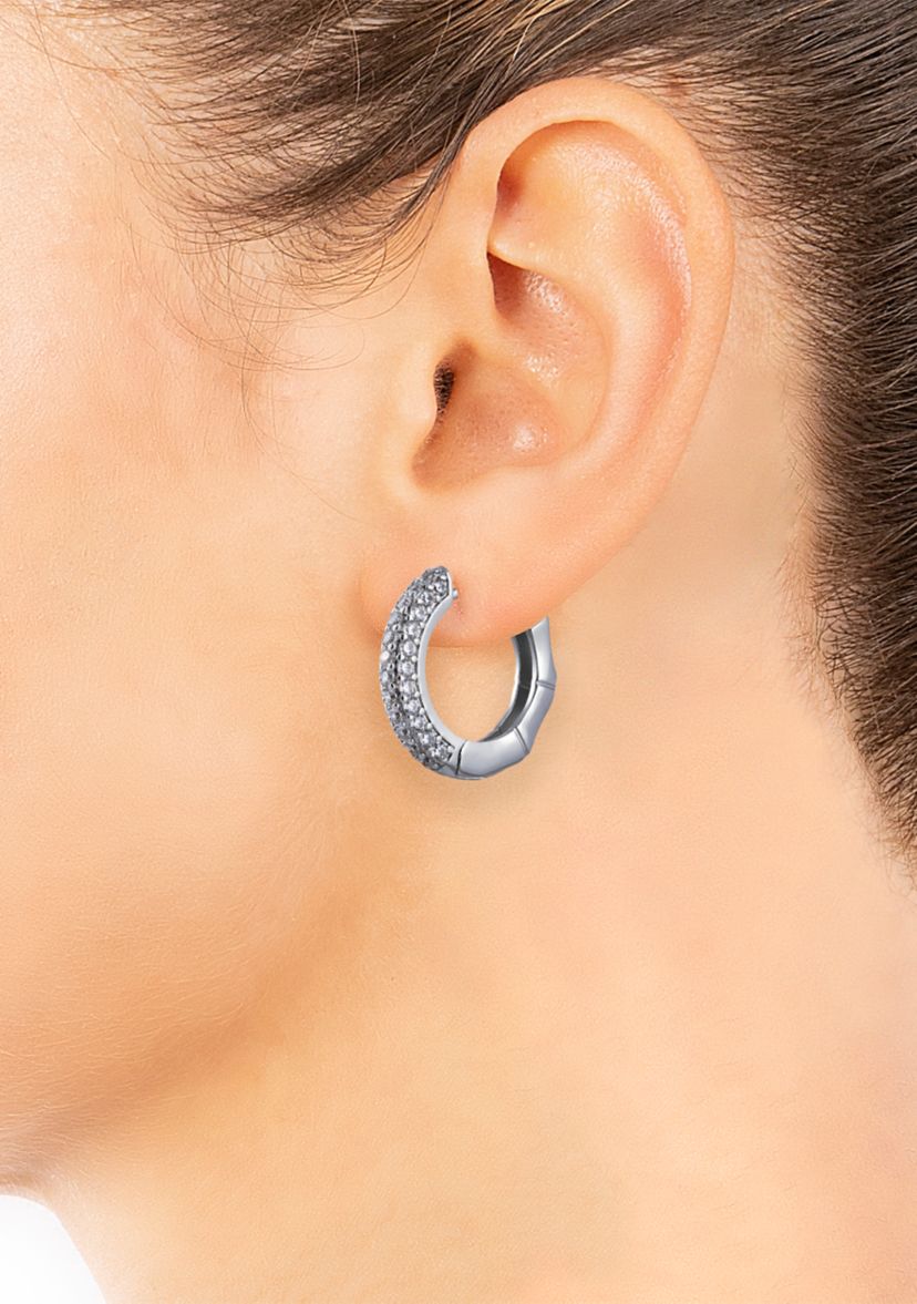 Fine Silver Plated .75" Cubic Zirconia Pavé Bamboo Hoop Earrings