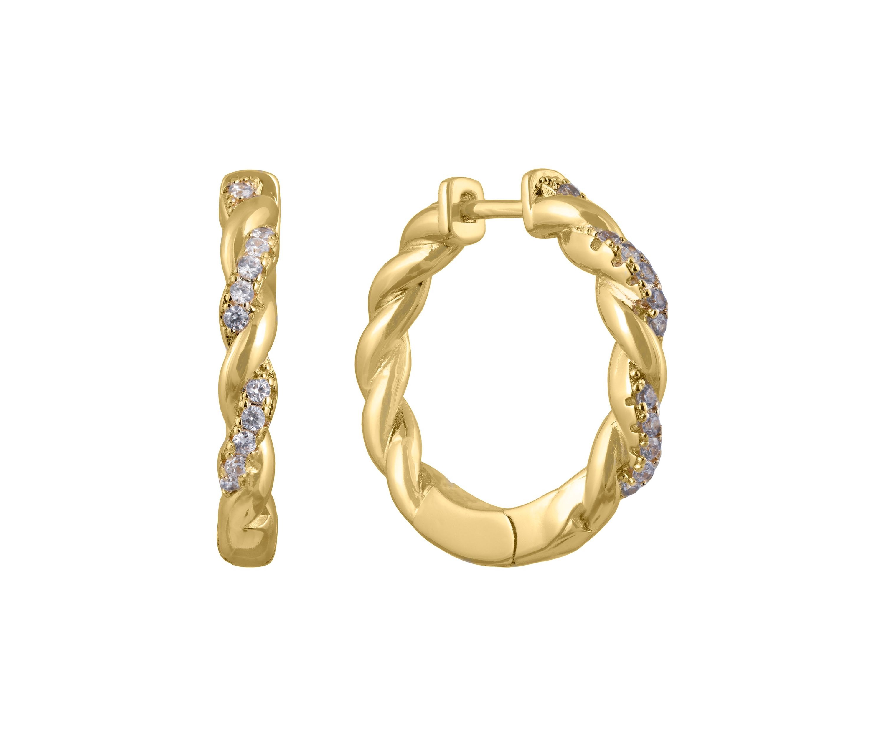 Gold Over Fine Silver Plated .97" Cubic Zirconia Pavé Twist Hoop Earrings