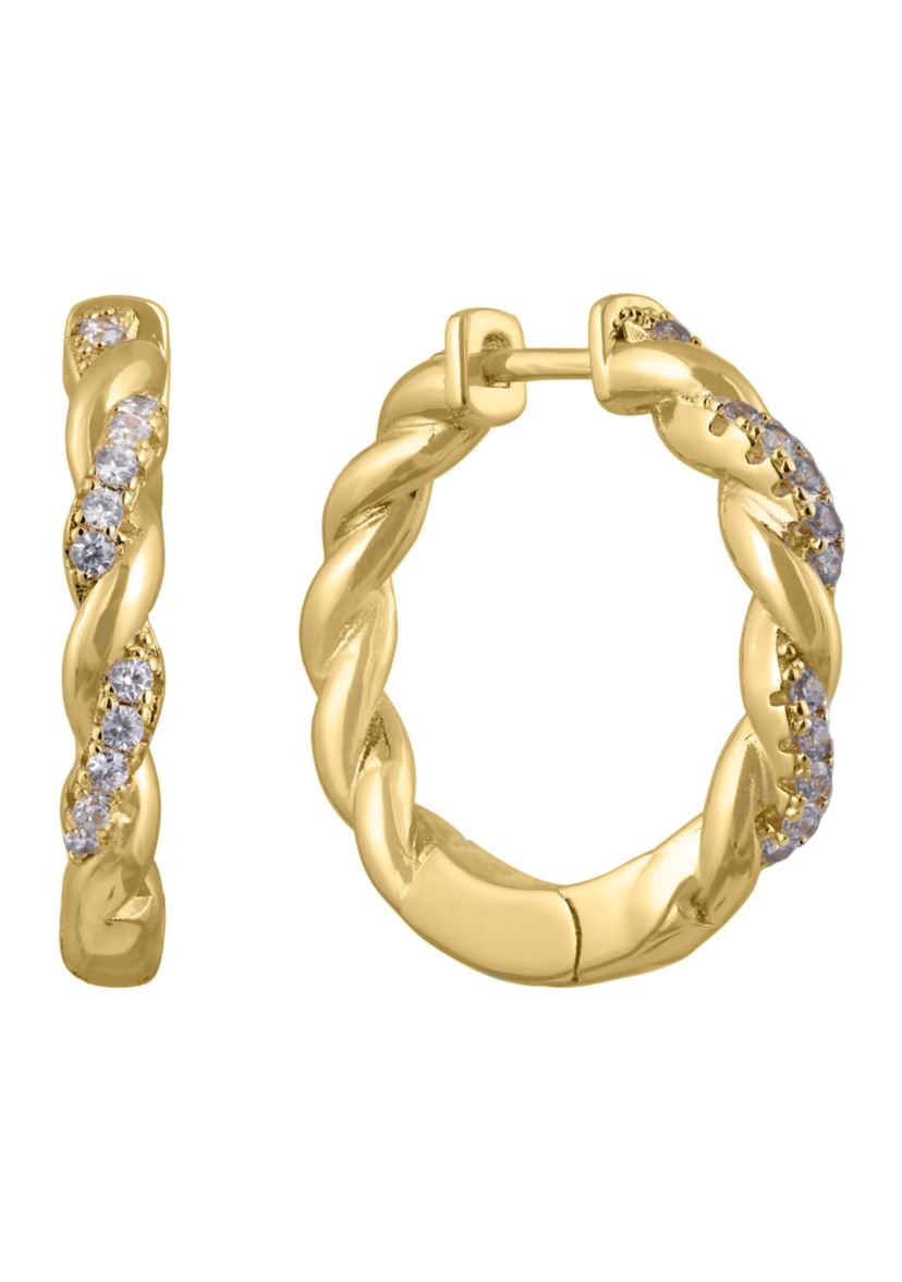 Gold Over Fine Silver Plated .97" Cubic Zirconia Pavé Twist Hoop Earrings