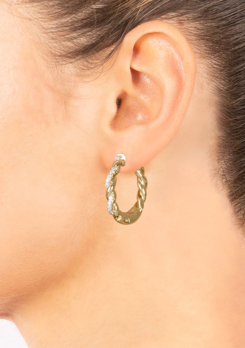 Gold Over Fine Silver Plated .97" Cubic Zirconia Pavé Twist Hoop Earrings
