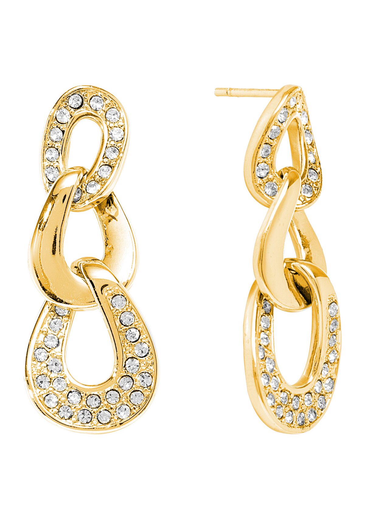 Gold Plated Crystal Pavé Triple Link Post Drop Earrings