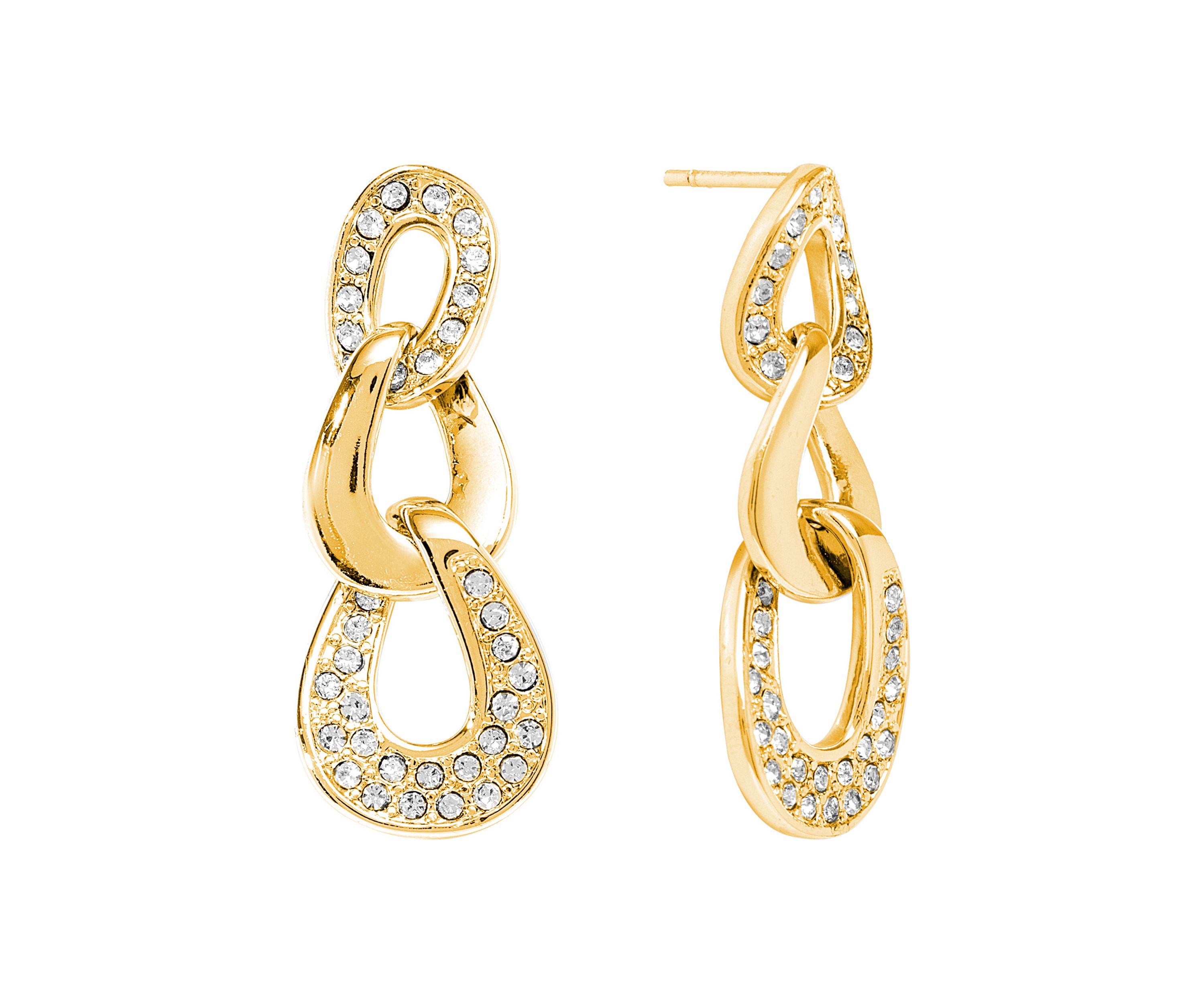 Gold Plated Crystal Pavé Triple Link Post Drop Earrings