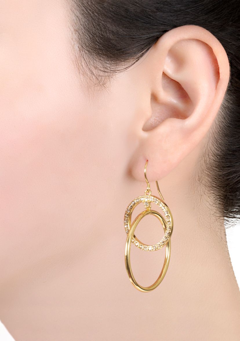 Gold Plated Crystal Pave Interlocking Circles Drop Earrings