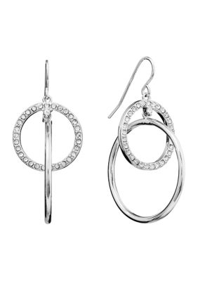 Silver Plated High Polished and Crystal Pavé Interlocking Circle Drop Earrings